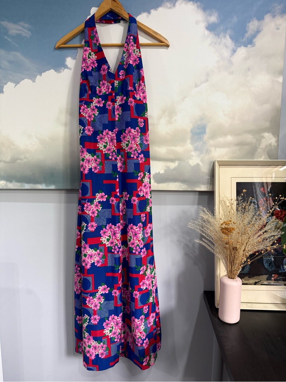 Vintage Floral Halter Maxi Dress - Bold Blue Pink Floral Geometric Print S/M fit - Picture 2 of 11